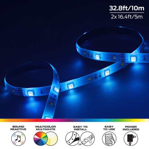 MLB7-2049-RGB 32.8FT Sound-Reactive RGB LED Amplifier Light Strip, Customizable Multicolor Lighting, Remote Control