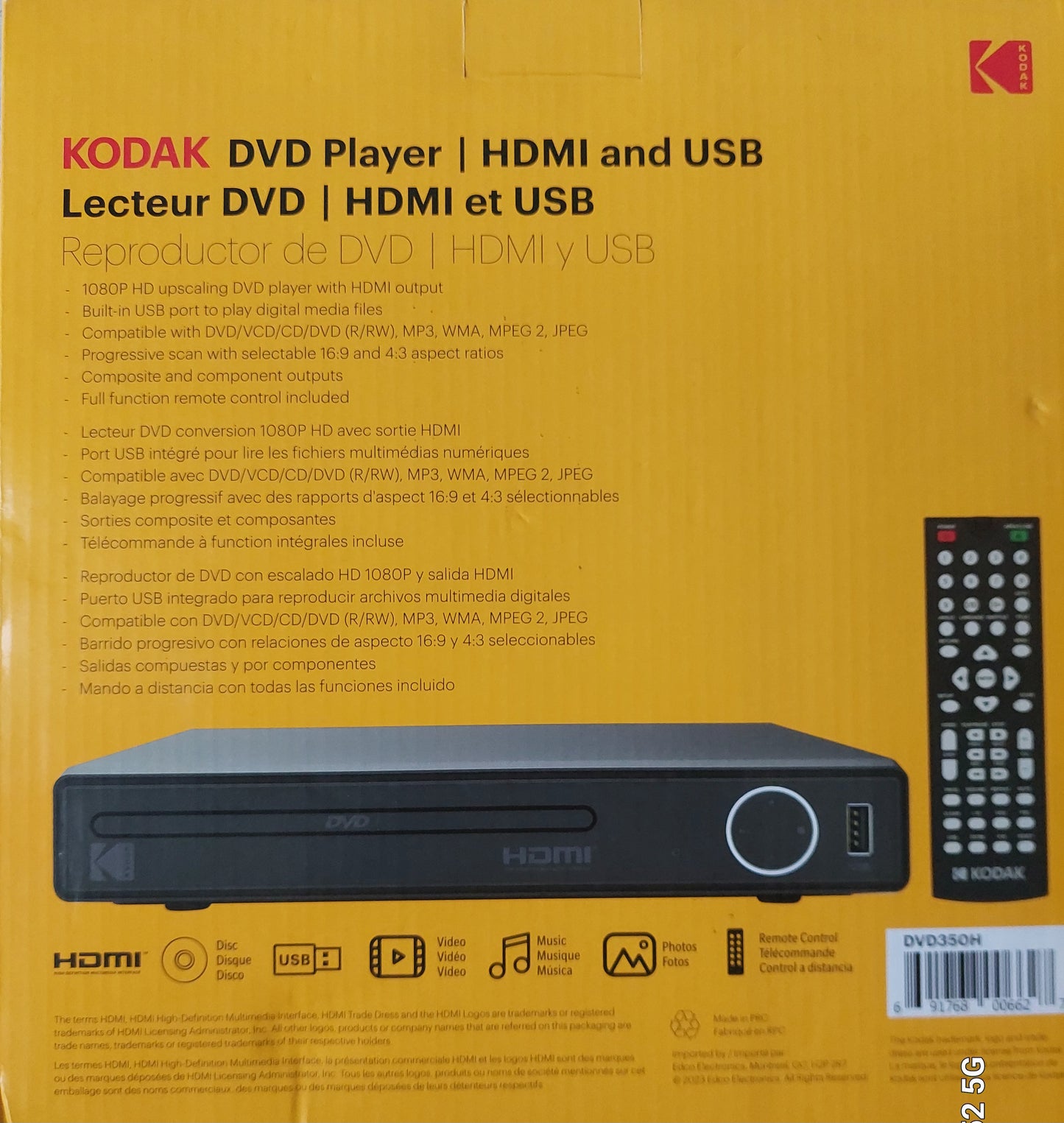 Lecteur DVD HD Kodak avec HDMI et USB