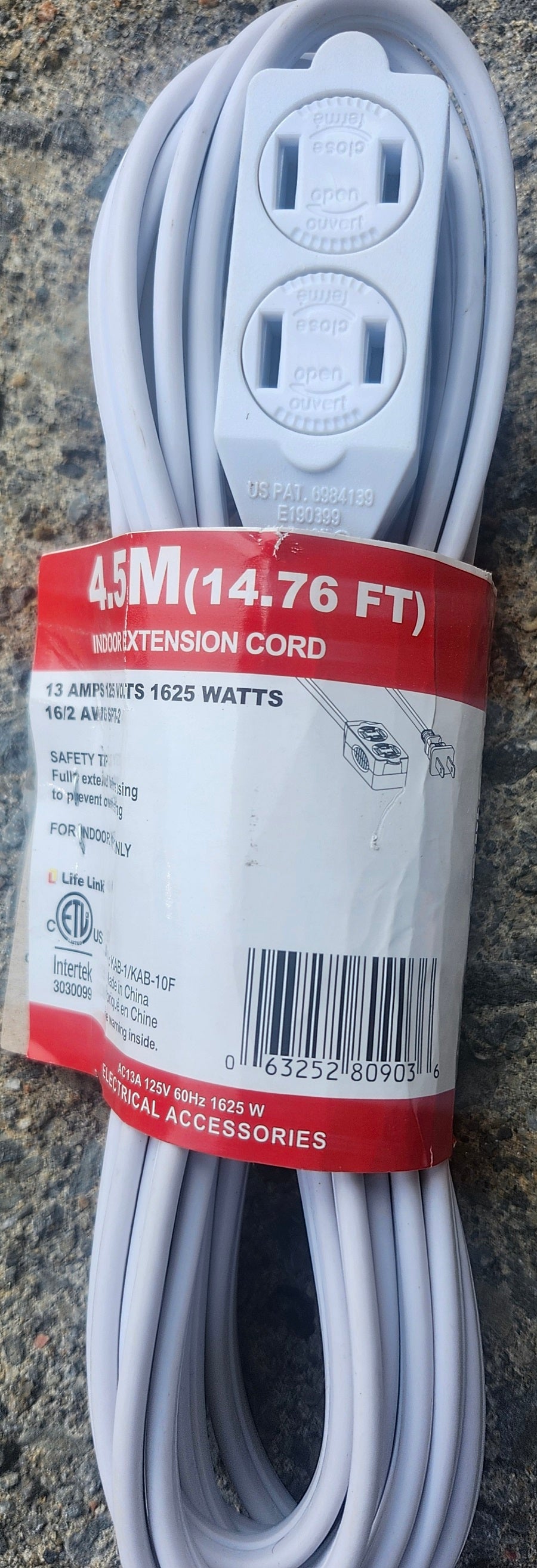 4.6M(14.76FT) Indoor Extension Cord WITH safety outlets WE-45-WH-WHITE