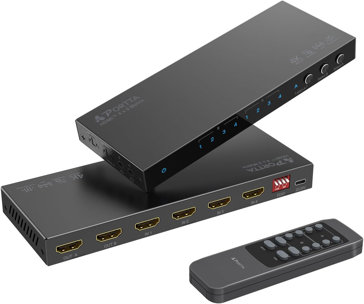 4K 60Hz HDMI Matrix 4x2, PORTTA 4 in 2 Out Switch Splitter with Toslink (4X2HDMI/MATRIX)
