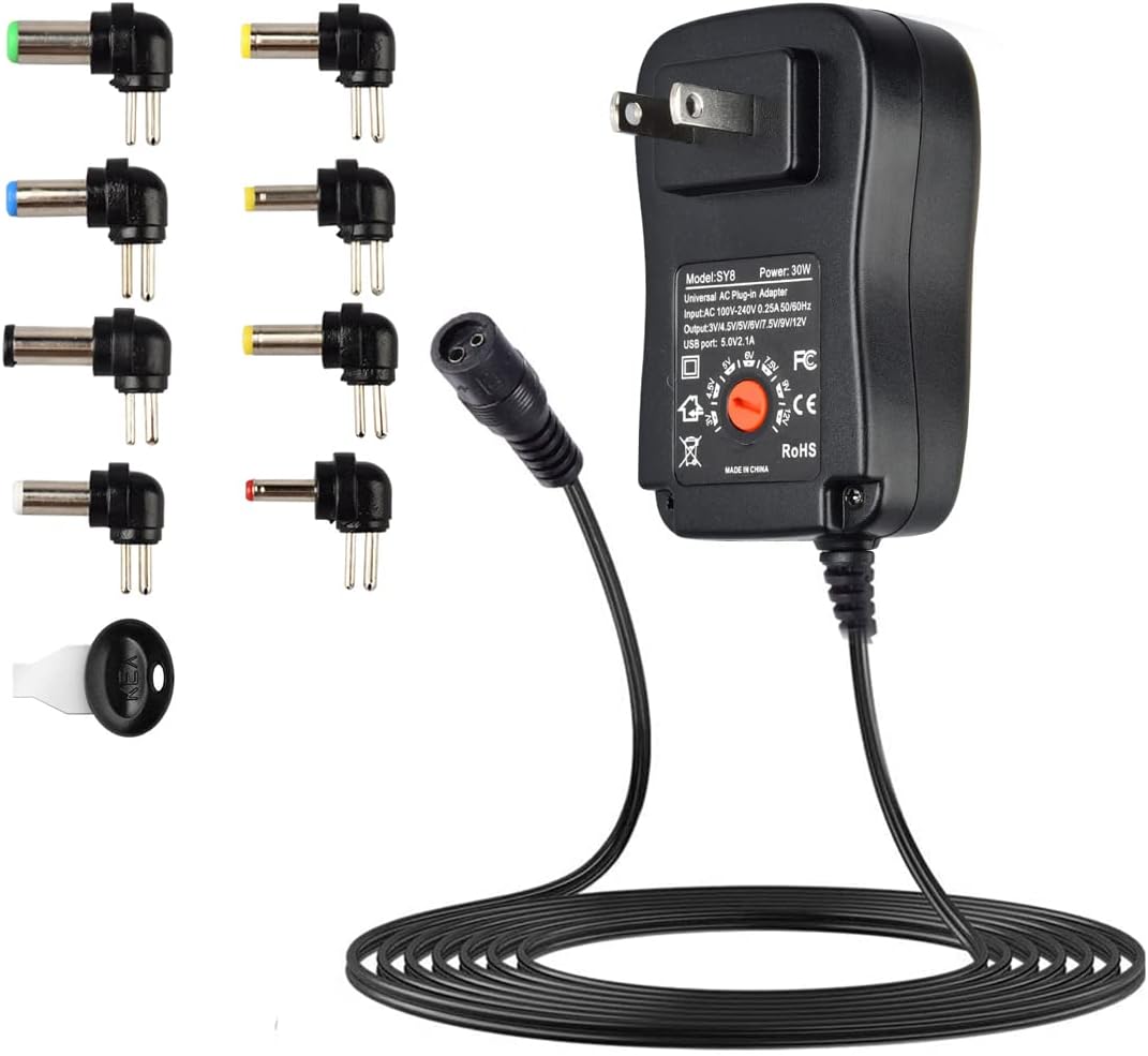 30W Universal AC/DC Adapter,Switching Power Supply with 8 Selectable Adapter Tips and 5V 2.1A USB Port