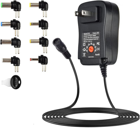 30W Universal AC/DC Adapter,Switching Power Supply with 8 Selectable Adapter Tips and 5V 2.1A USB Port