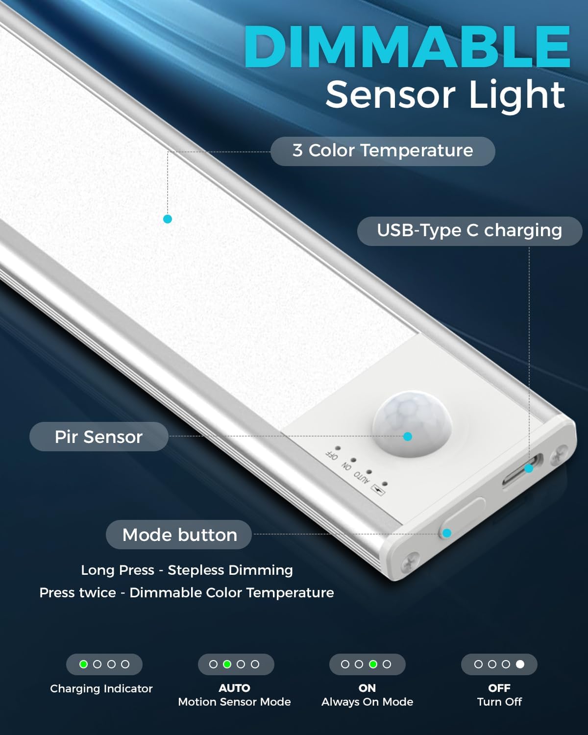 12" Under Cabinet LED Rechargeable Lighting,3 Colors Dimmable, Battery Operated, Wireless (CMO4700-PD)