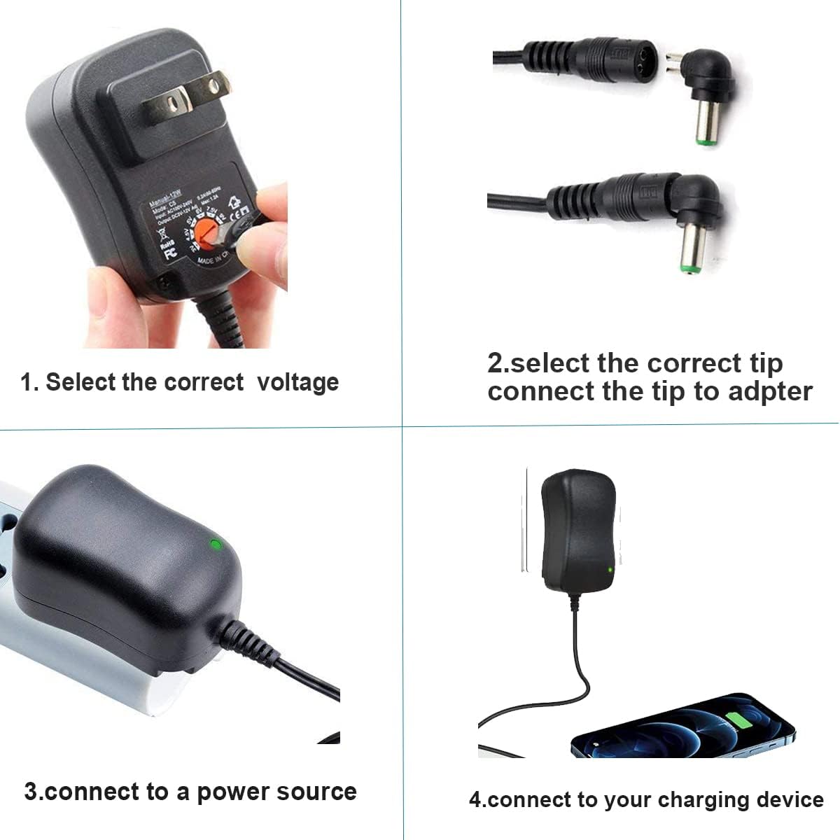 30W Universal AC/DC Adapter,Switching Power Supply with 8 Selectable Adapter Tips and 5V 2.1A USB Port
