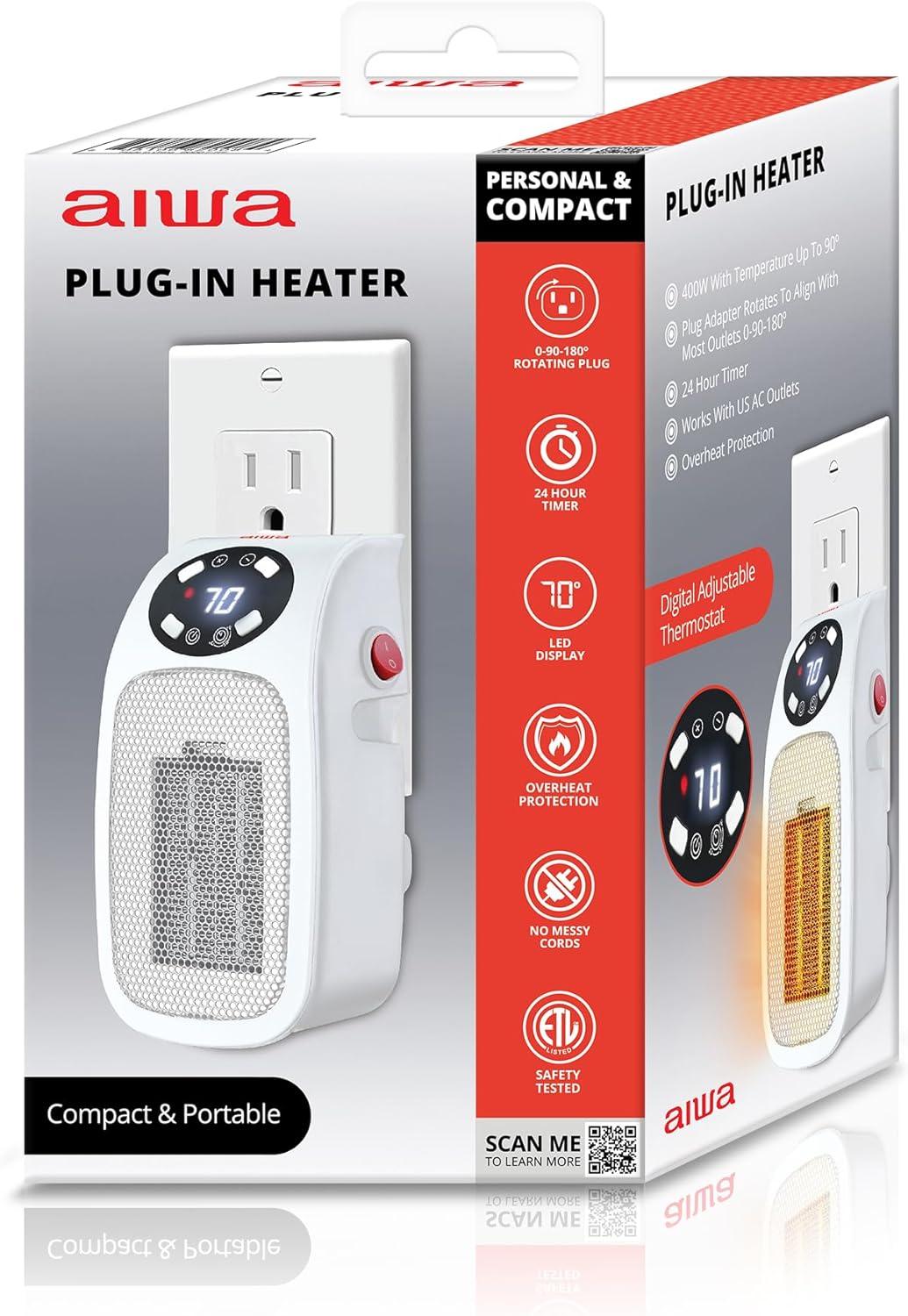 Aiwa Electric Outlet Ceramic Plug-In Space Heater (Available in Black or White)