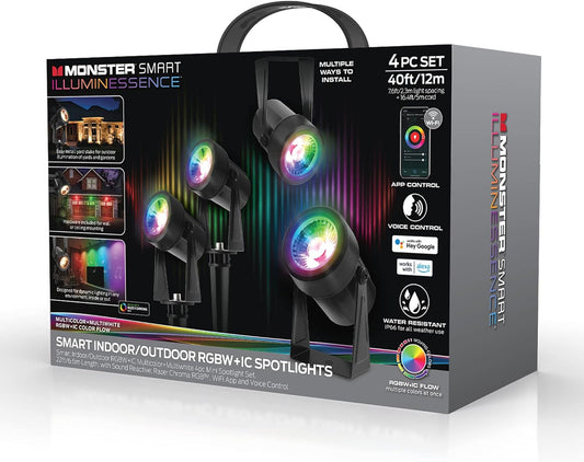 Monster Smart Illuminessence Lot de 4 projecteurs intelligents pour extérieur, effets de lumière LED multicolores/à intensité variable, fonctionne avec Alexa, Google Assistant et Siri, résistant à l'eau