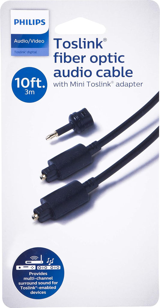10FT.PHILIPS Toslink Digital/Optical Audio Cable w/Mini Toslink Adapter SWA9221A/27