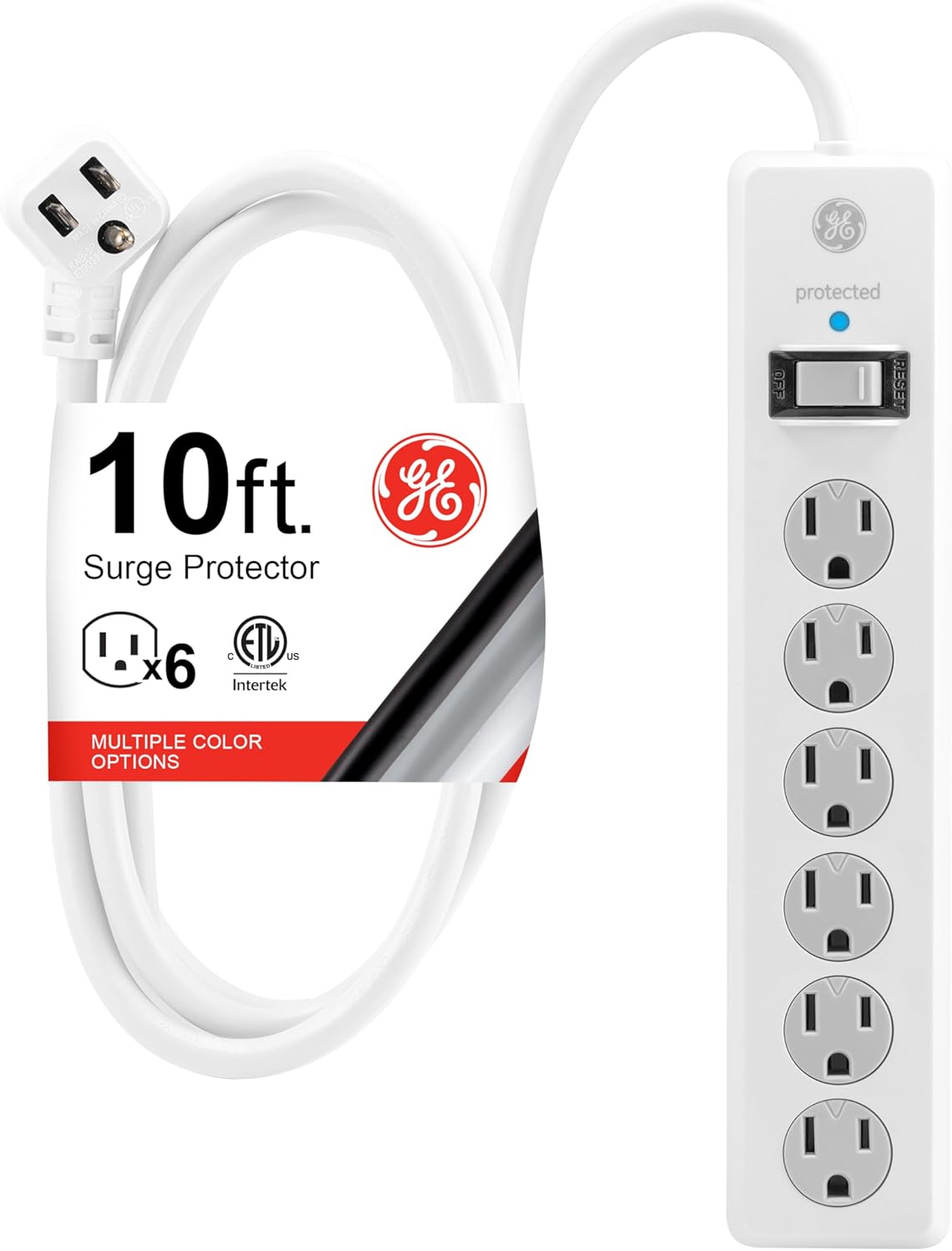 GE 6-Outlet Surge Protector, 10 Ft Extension Cord, Power Strip, 800 Joules, Flat Plug, Twist-to-Close Safety Cover 62933