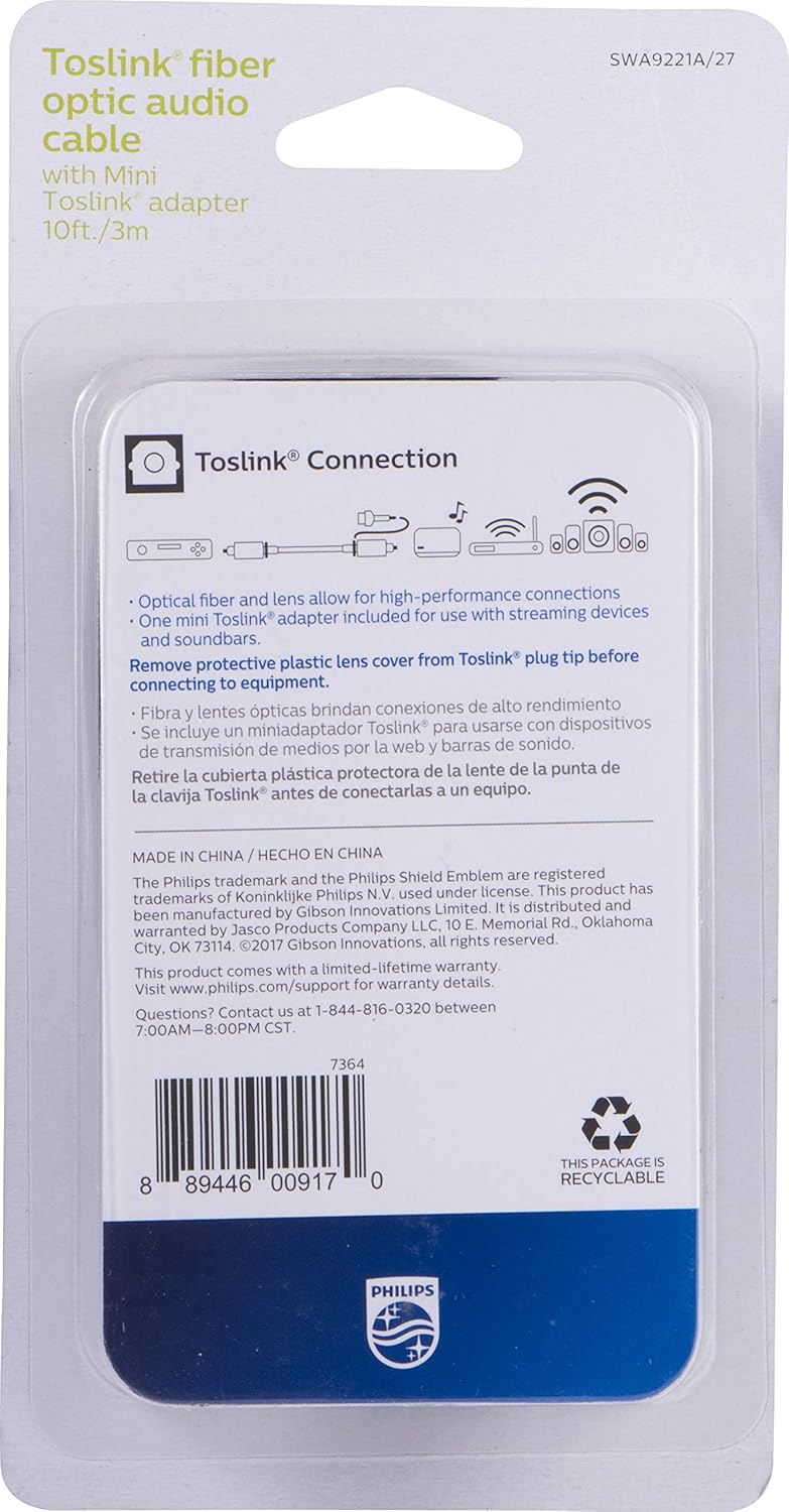 10FT.PHILIPS Toslink Digital/Optical Audio Cable w/Mini Toslink Adapter SWA9221A/27