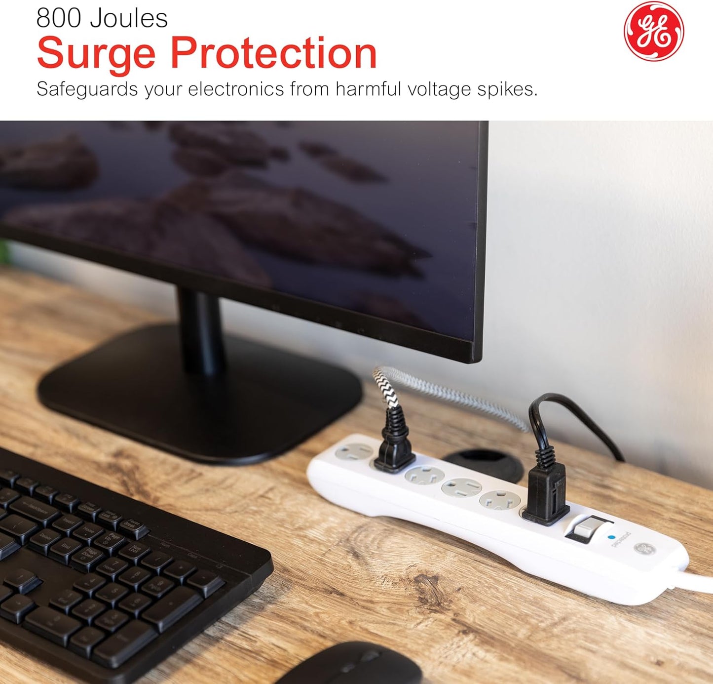 GE 6-Outlet Surge Protector, 10 Ft Extension Cord, Power Strip, 800 Joules, Flat Plug, Twist-to-Close Safety Cover 62933