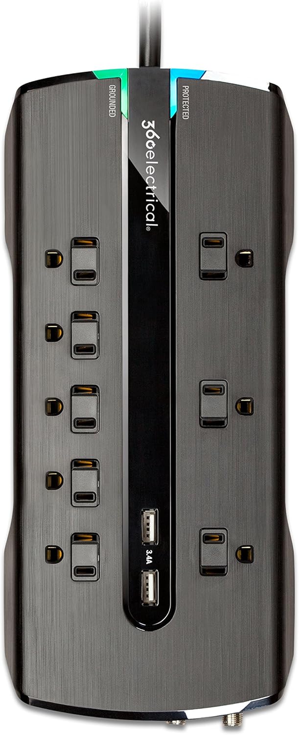 360 ELECTRICAL DIRECTOR 3.4 8-OUTLET SURGE STRIP WITH 2 X 3.4A USB PORTS, COAX & RJ11/RJ45 AND 1.8-METER (6-FT) CORD- BLACK