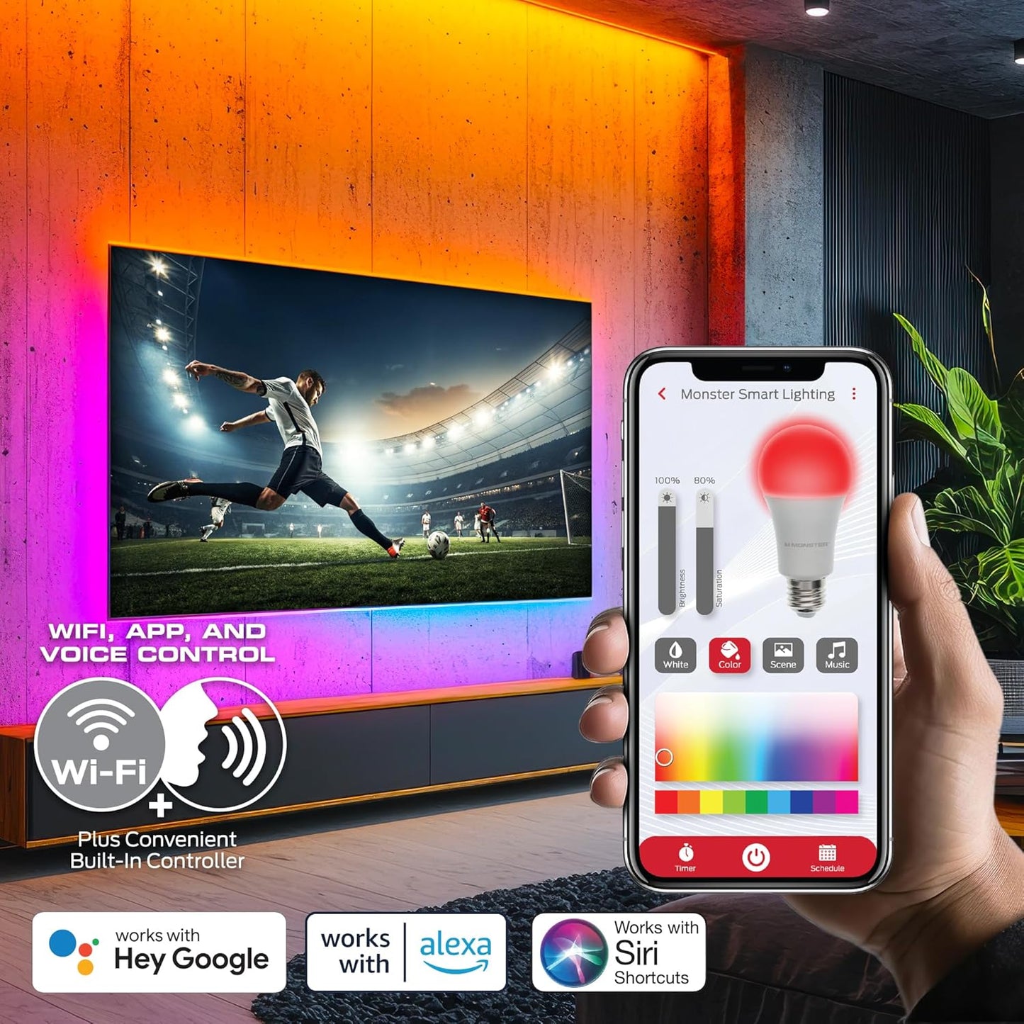 Monster Smart RGB+IC LED Strip Lights 50ft – Sound Reactive MLW7-1003-ICM