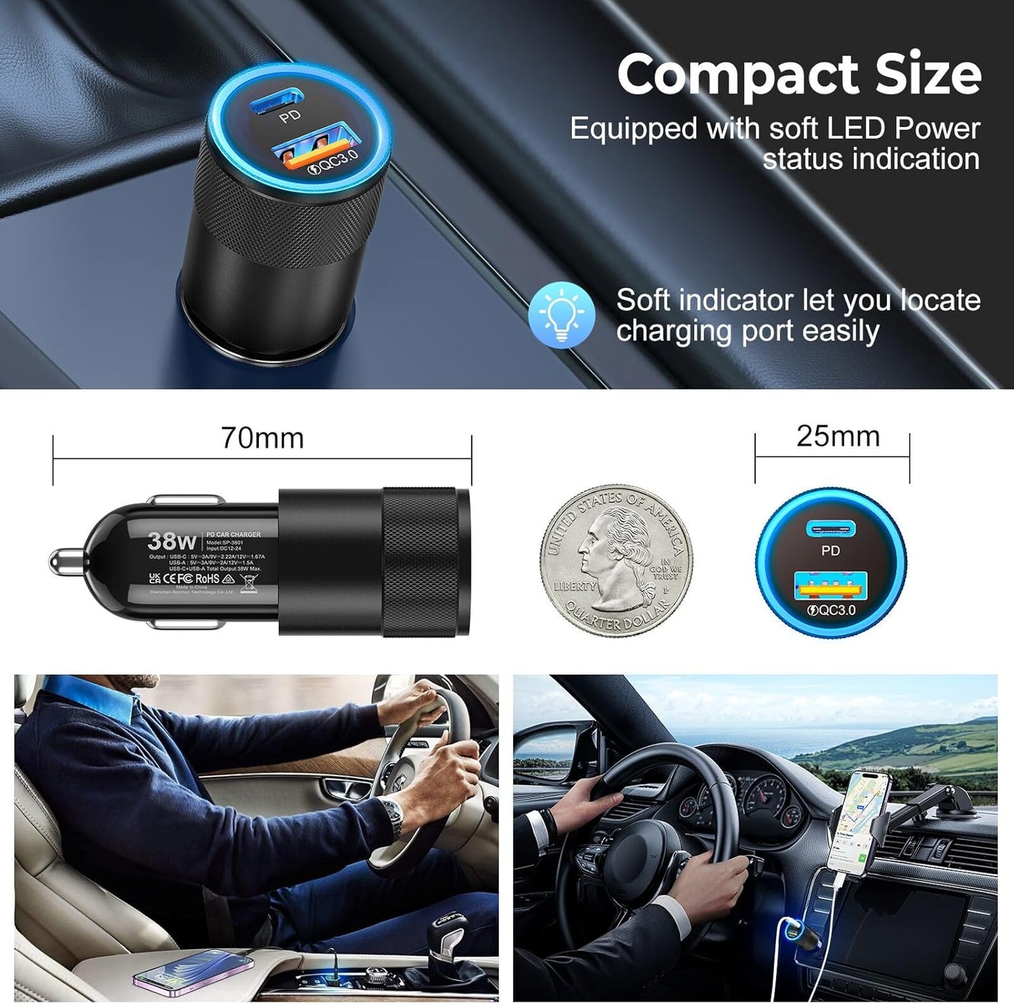 USB PD C & A Car Fast Charger 48W (PRO-PD48W/CAR)