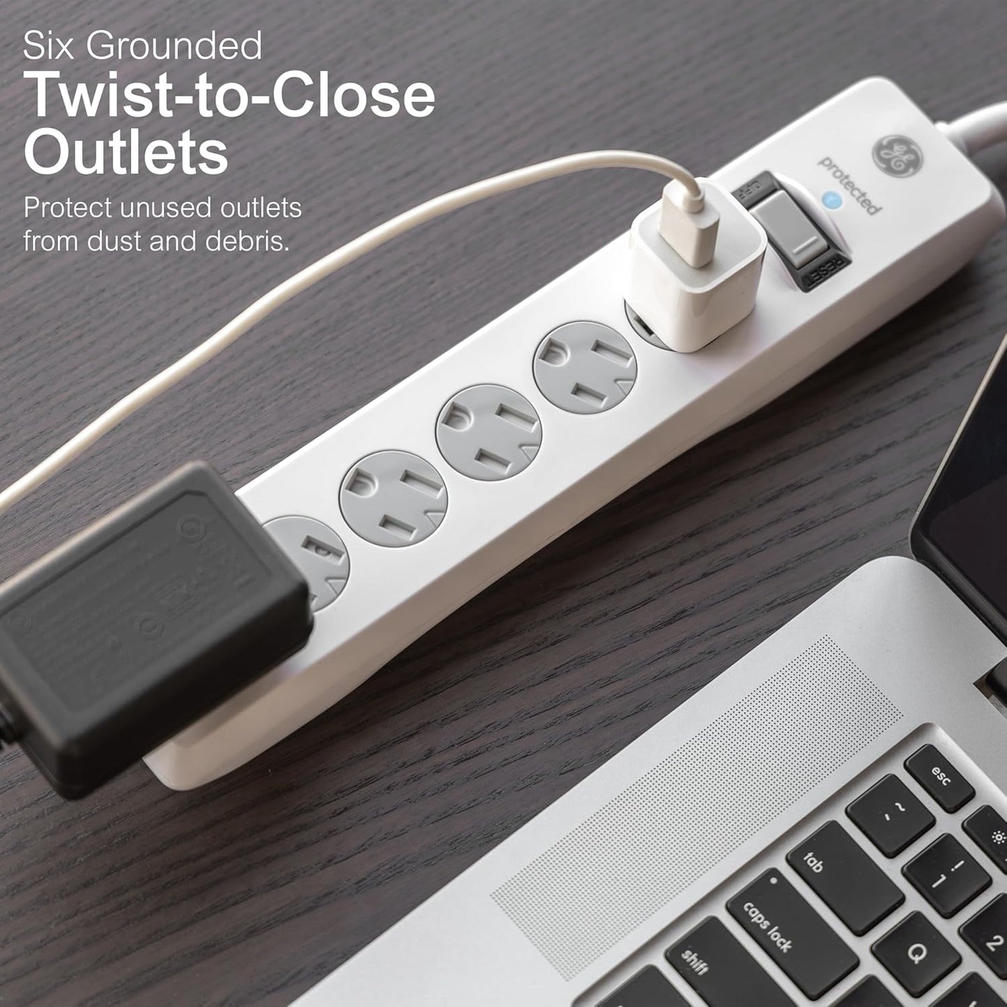 GE 6-Outlet Surge Protector, 10 Ft Extension Cord, Power Strip, 800 Joules, Flat Plug, Twist-to-Close Safety Cover 62933