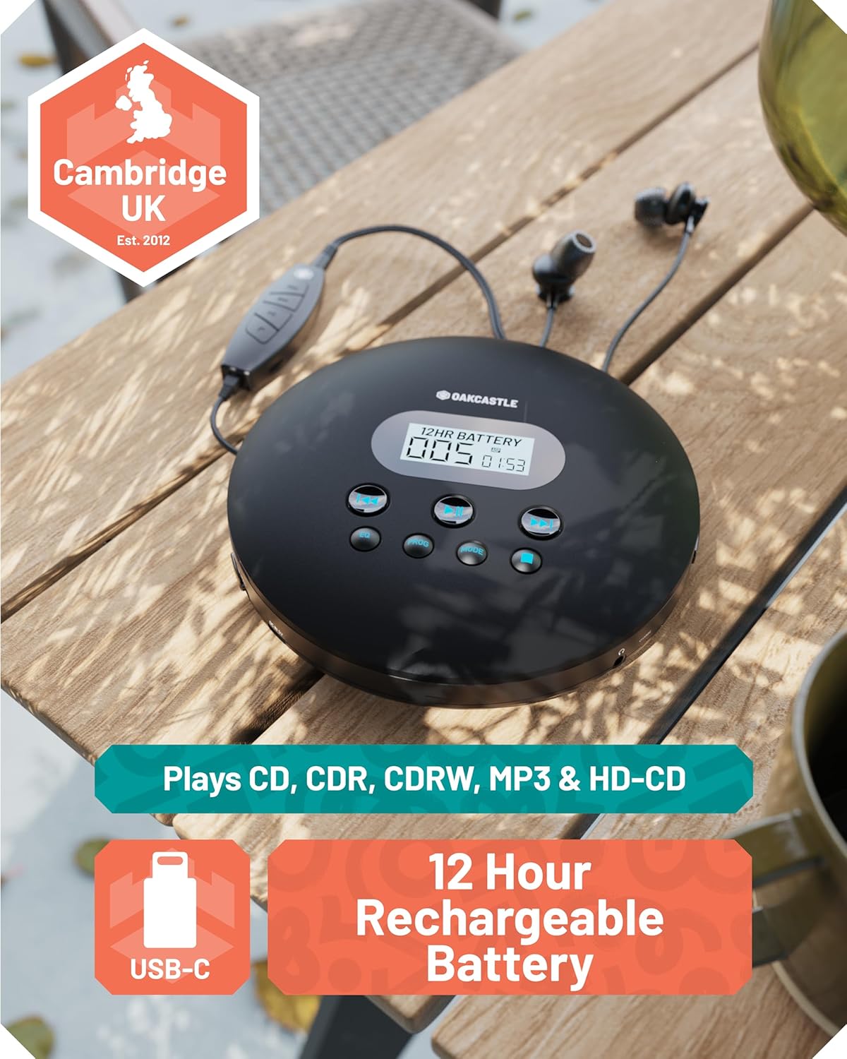 Oakcastle CD100 Rechargeable Bluetooth CD Player | 12hr Portable Playtime QC-CD100-BLK