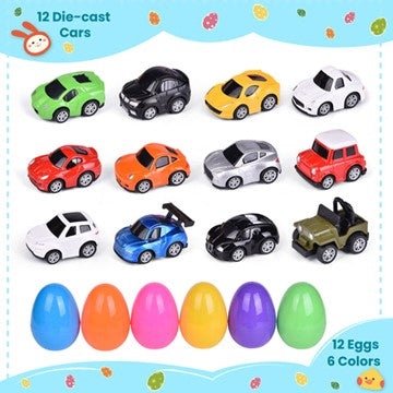 Oeufs de Pâques préremplis avec des voitures moulées sous pression, kit de 12 pièces