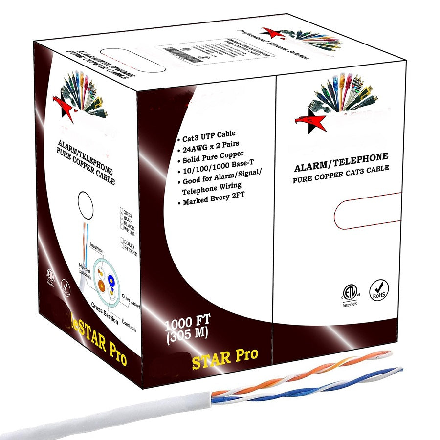 Telephone Bulk Cable FT4 cUL Certified 22AWG Solid Pure Copper 1000FT (WHITE)