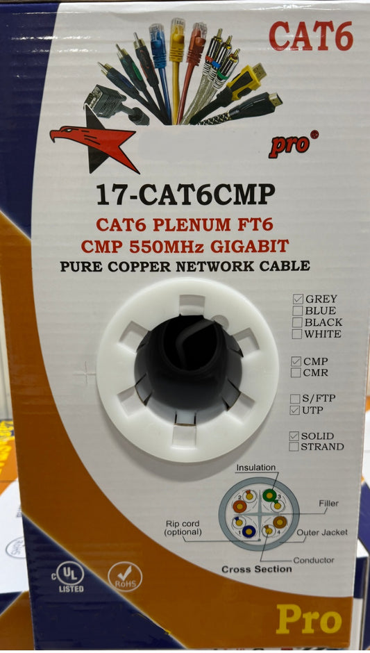 CAT6 Bulk Cable FT6 cUL Certified Plenum CMP Fire Rated CAT/FT6/1000FT