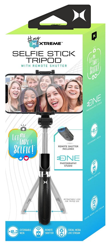 3-in-1 Bluetooth Extendable Selfie Stick Tripod with Remote Control XCA2-1006-BLK
