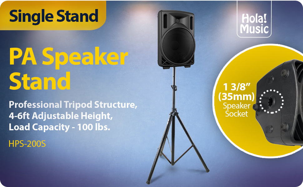 PA Speaker Stand by Hola! Music, Professional Tripod Structure, 4-6ft Adjustable Height, Model HPS-200S