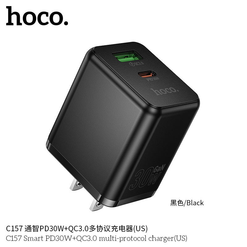 Official Hoco C157 GaN 30W USB C 18W USB-A Charger PD3.0 QC3.0 Fast Charger for iPhone 16 Pro Max 15 Pro Max 14 Pro Samsung s22 ,iPad Smart multi-protocol PD charger
