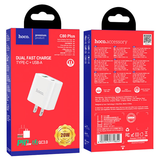 20W Wall charger USB-A Plus TYPE- C Rapido” PD + QC3.0 Charger C80