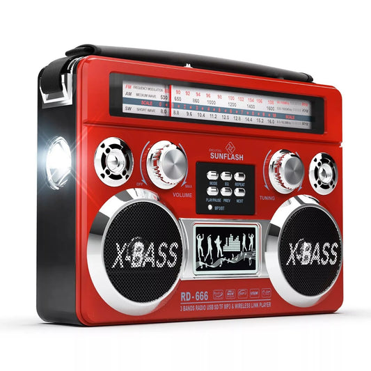 3 BAND AM/FM/SW/USB/SD/AUX -BLUETOOTH PORTABLE RADIO-RED RD666-RD