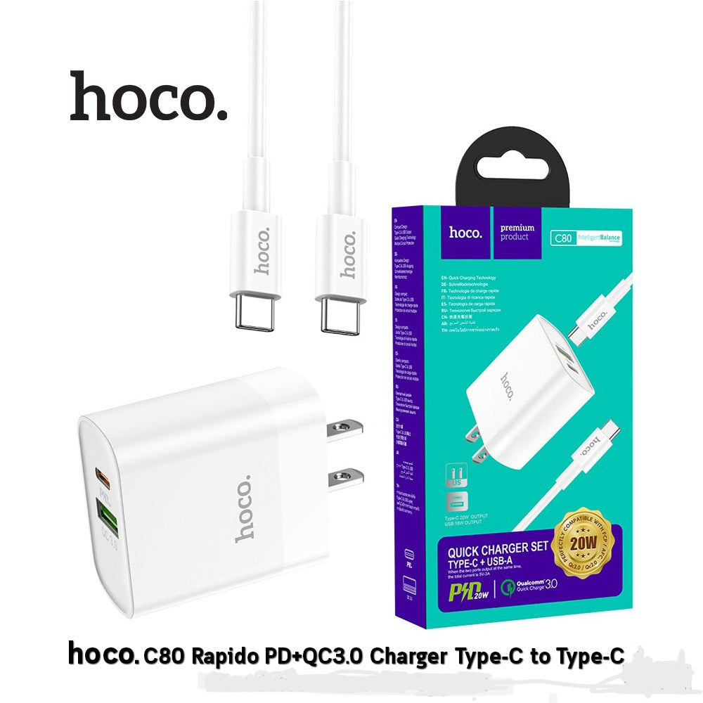 Hoco C80+CC 2 Ports Fast Wall Charger (USB + Type-C) 20W + Type-C to C Cable- White (Including type-c cable) C80CC