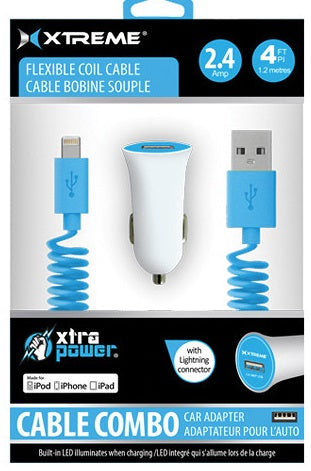 CHARGEUR DE VOITURE 1PORT 2,4A 4FT CÂBLE LIGHTEN ENROULÉ MFI WH/VERT