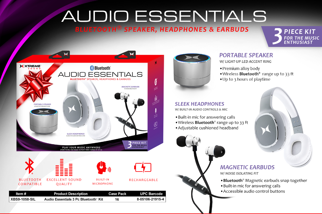 XBS9-1058-SIL_Audio Eseentials 3 Pc Bluetooth Kit