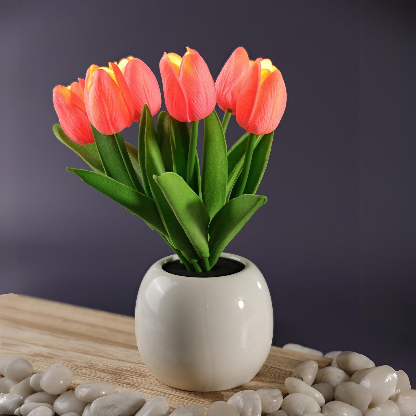 LumiPlant 10" LED Artificial Tulip Arrangement with Ceramic Vase - 6 Pink Tulips ULS1-1003PNK