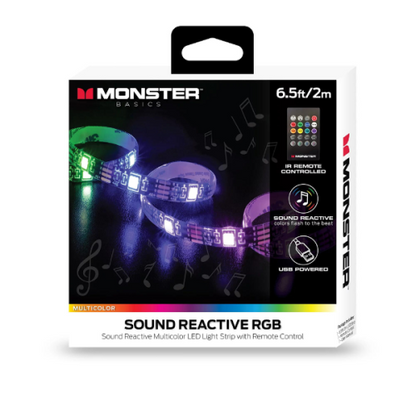 Monster MLB7-1054-BLK Bande lumineuse LED d'intérieur de 2 m, réactive au son, alimentée par USB