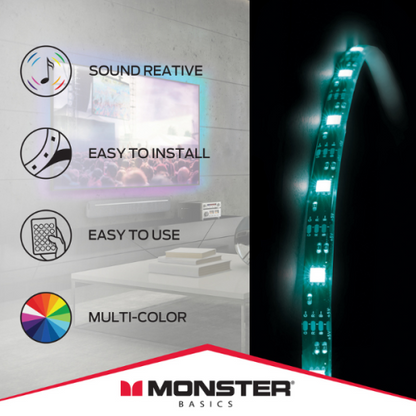 Monster MLB7-1054-BLK LED 6.5 ft Indoor Light Strip, Sound Reactive USB-Powered