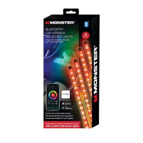 Monster MLB7-1089-RGB Lot de 4 lampes d'accentuation LED Bluetooth pour intérieur de voiture