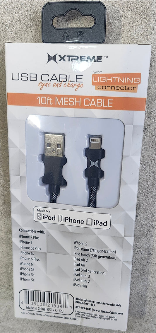 10FT MESH LIGHTNING CABLE xms8-1011-blk
