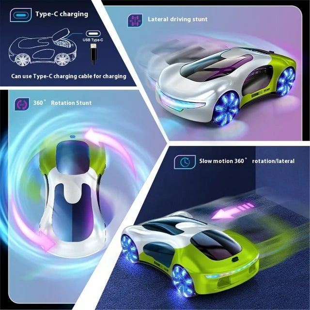 2.4G Gesture & Handle RC Stunt Car, 360° Flip LED Drift Racer with 4 LED Lights, Spray Boost, Music & Charging Dock - USB Rechargeable Toy Drift Car