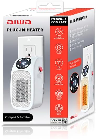 Aiwa Electric Outlet Ceramic Plug-In Space Heater with LCD Digital Screen, Adjustable Thermostat-WSH3-1003-WHT