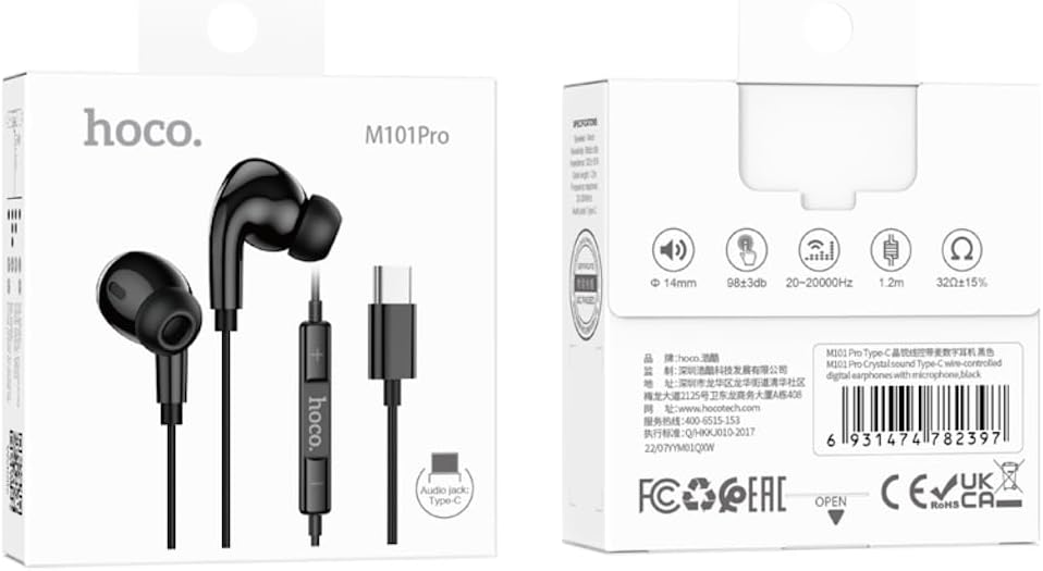 Hoco M101 Pro Crystal USB-C Handsfree, 1.2 Meter Cable Length, Black-White