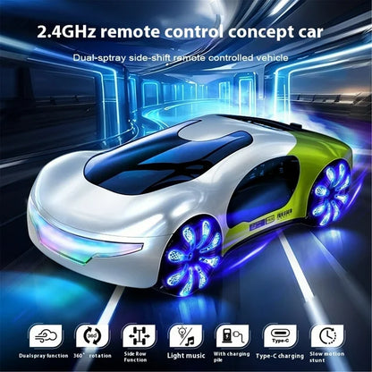 2.4G Gesture & Handle RC Stunt Car, 360° Flip LED Drift Racer with 4 LED Lights, Spray Boost, Music & Charging Dock - USB Rechargeable Toy Drift Car