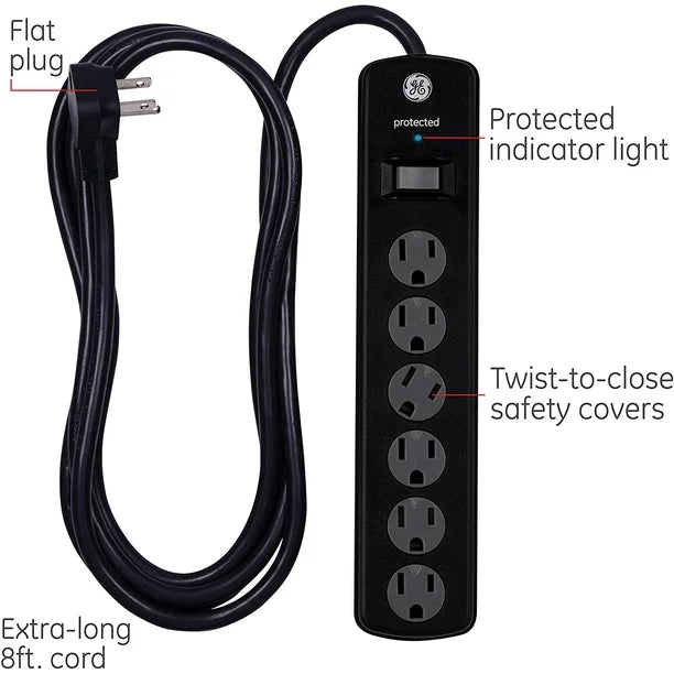GE 6 Outlet Surge Protector 2 Pack, 8 Ft Extension Cord