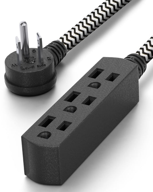 Flat Plug Extension Cord 15 FT, 3 Outlet Braided Black Extension Cord,43434