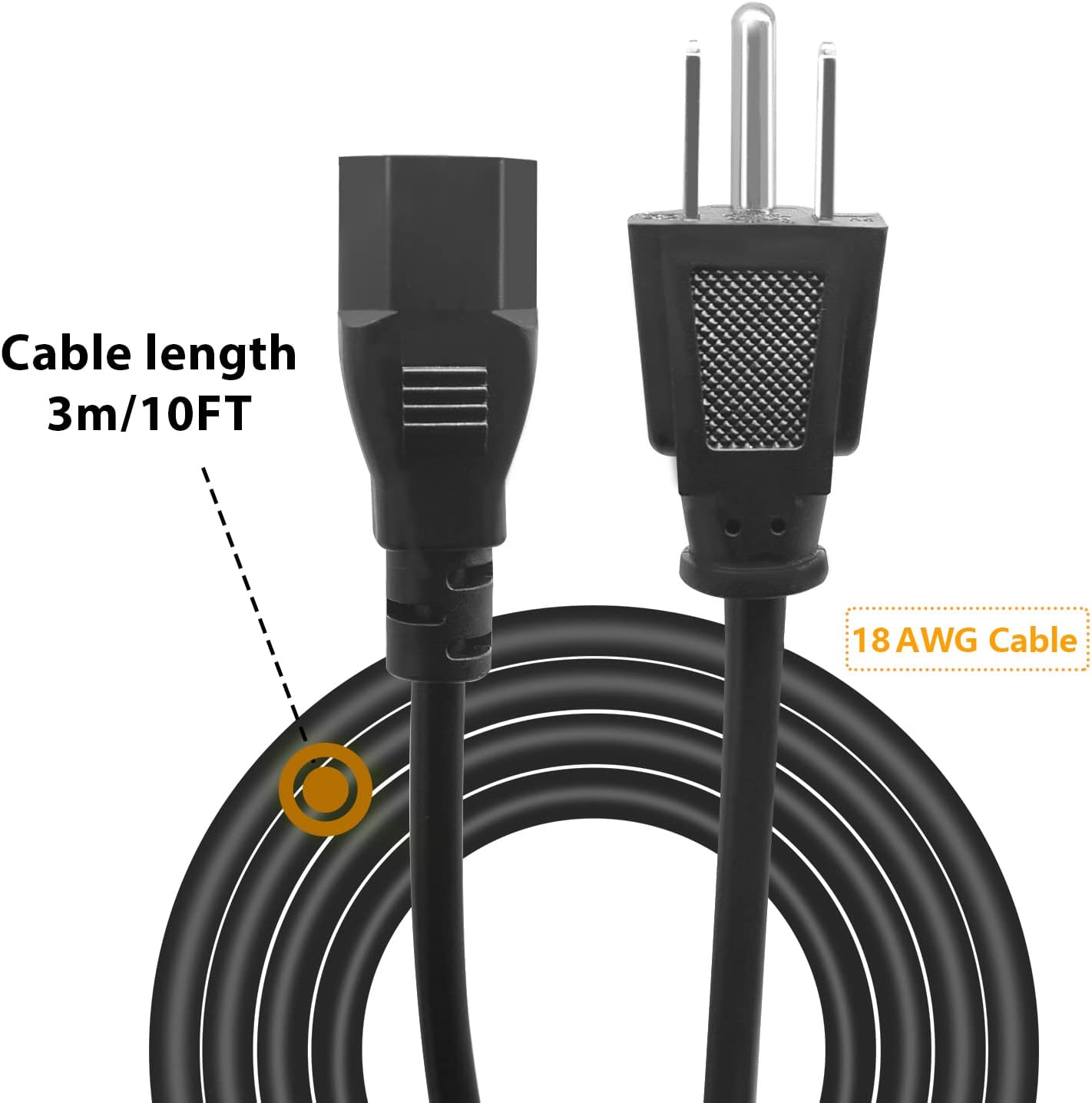10Ft Computer Power Cord 18AWG 3 Prong Replacement AC Power Cable AC-3 ...