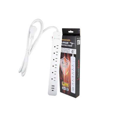 6-Outlet Surge Protector Power Strip with 1 USB-C & 2 USB-A Ports  & 6' Right Angle Power Cord,