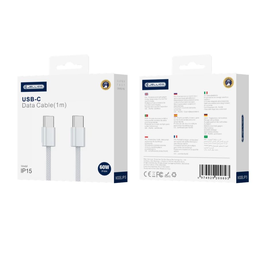 JELLICO cable IP15 USB-C to USB-C PD 60W 1M White