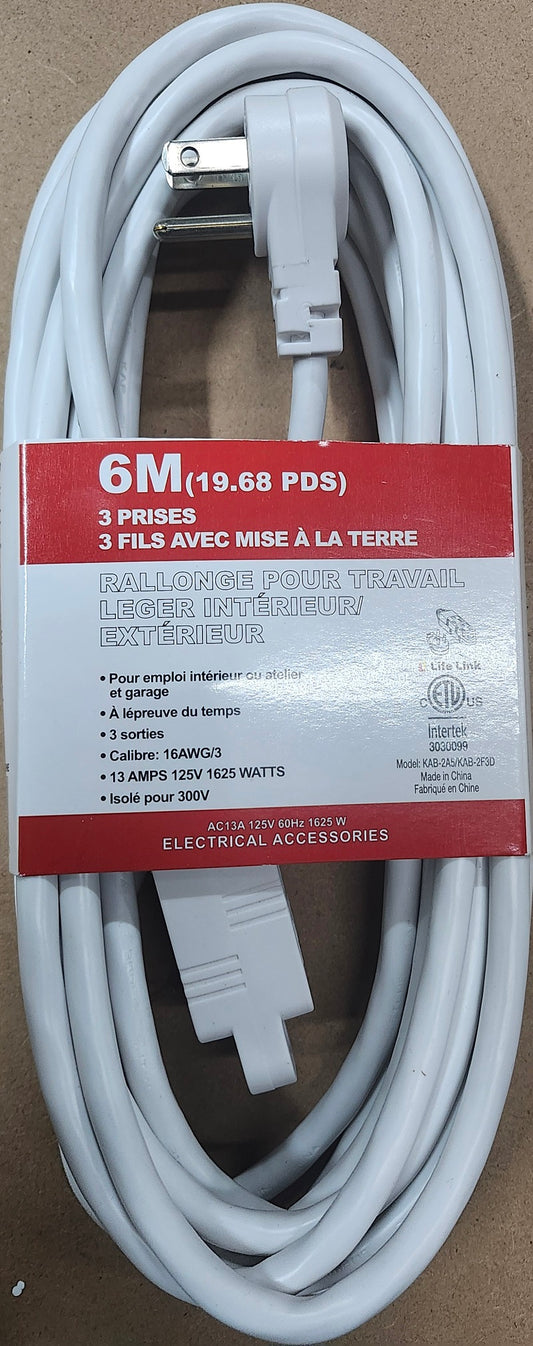 6M (19.68FT) 3 Outlet Indoor/Outdoor round  Extension Cord with right angle Plug WE-0-38-6M