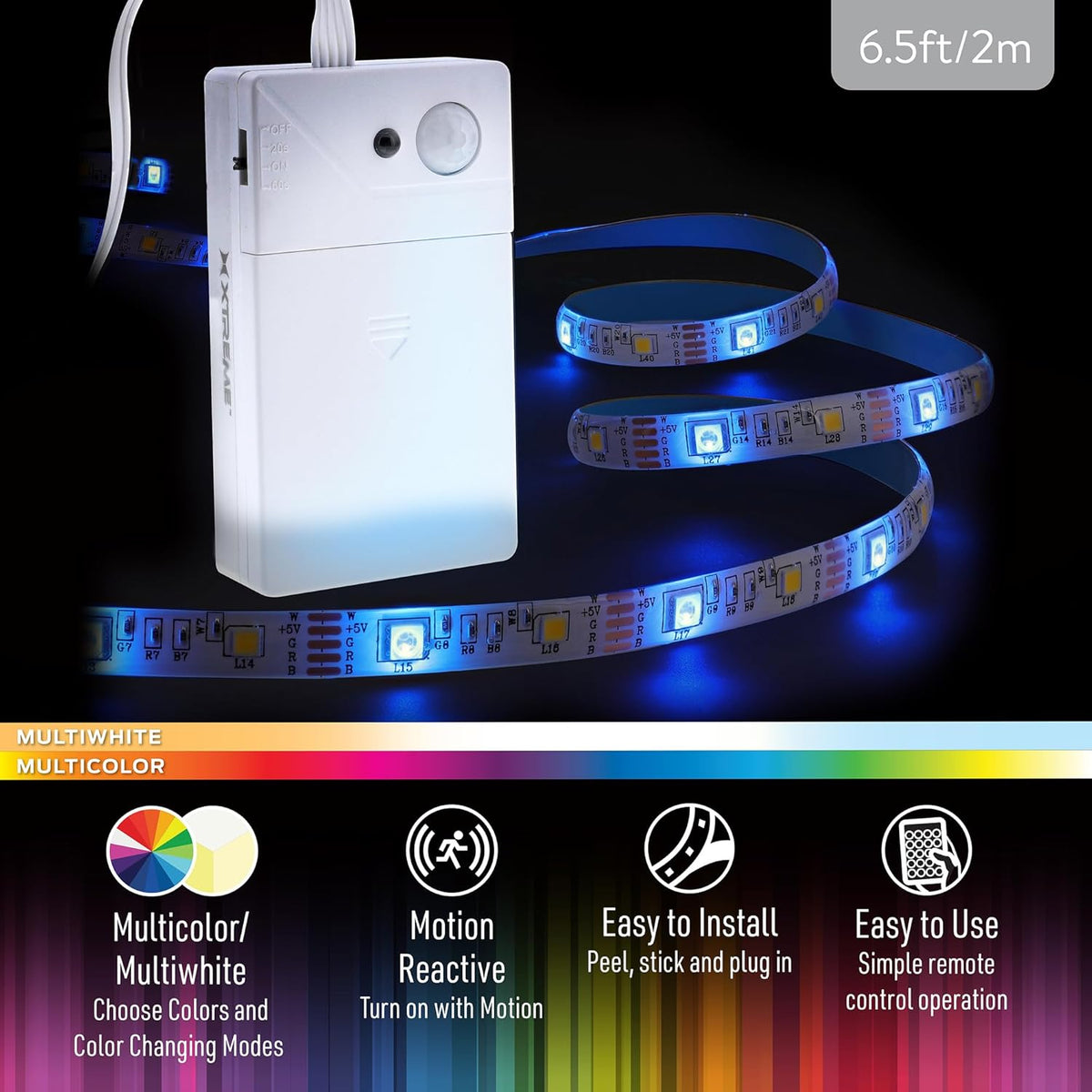 6.5ft Indoor Motion Activated RGBW Color-Changing LED Light Strip, Battery Powered XLB7-1093