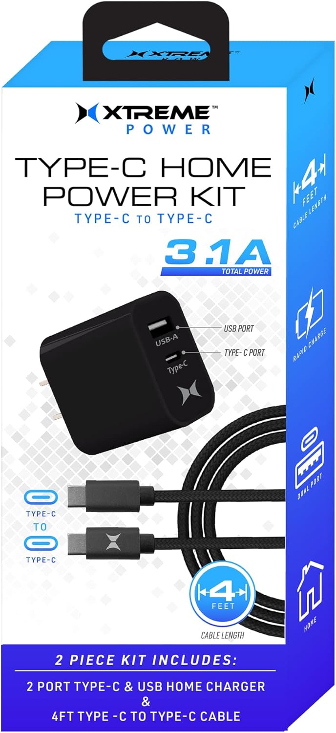 2-Piece Home Power Kit, 2-Port Black Plug-in Charger & 4ft Type-C to Type-C CableXCB2-1035-BLK