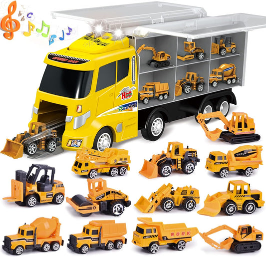 FUN LITTLE TOYS 12 in 1 Construction Trucks Toy Cars for Toddlers, Mini Cars in Carrier Truck Car Carrier Toy with Light and Sound F-386