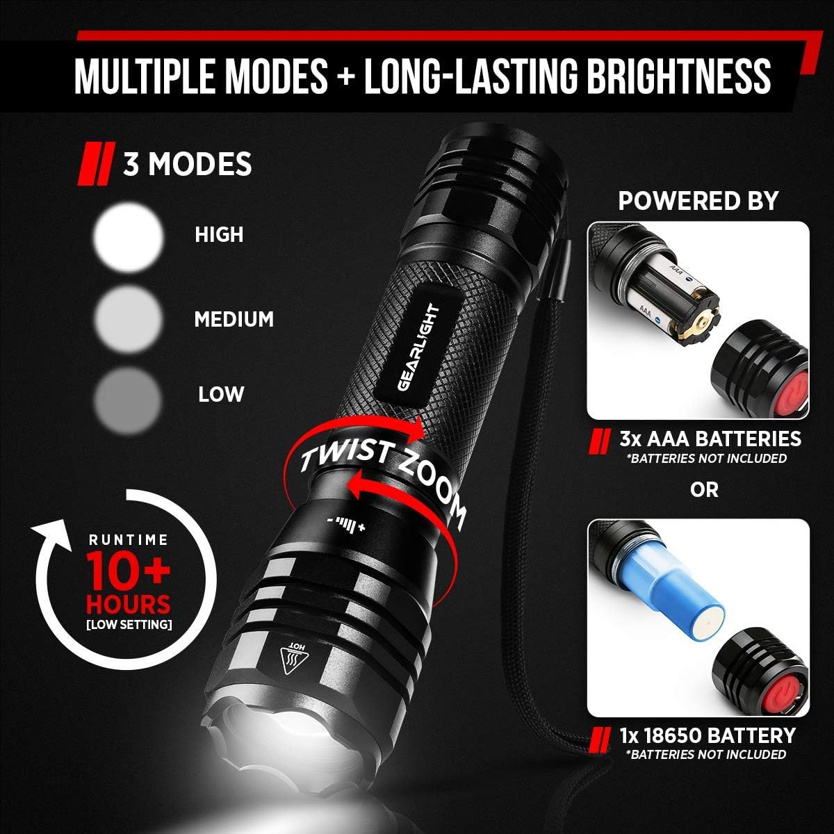 GearLight LED Flashlights S1050 [2 Pack] - Powerful High Lumens Zoomable Tactical Flashlight