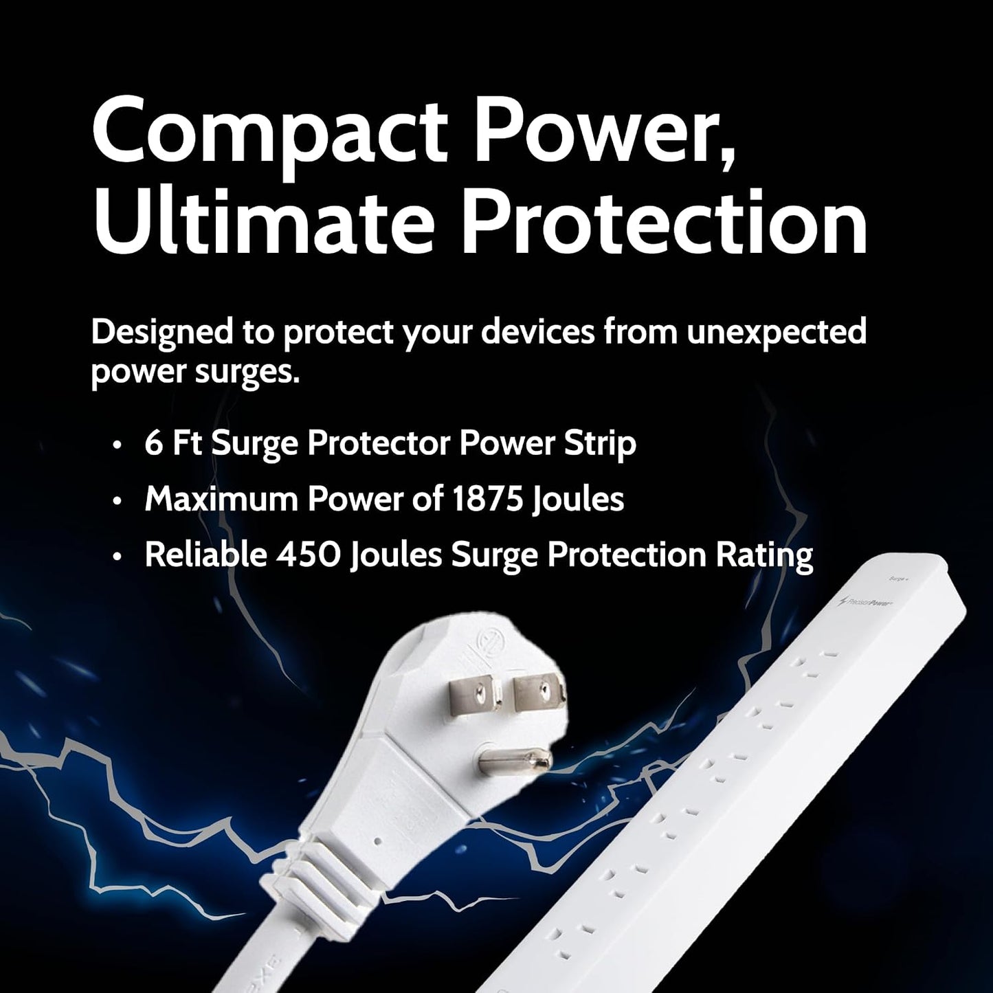 6-Outlet Surge Protector Power Strip with 1 USB-C & 2 USB-A Ports  & 6' Right Angle Power Cord,